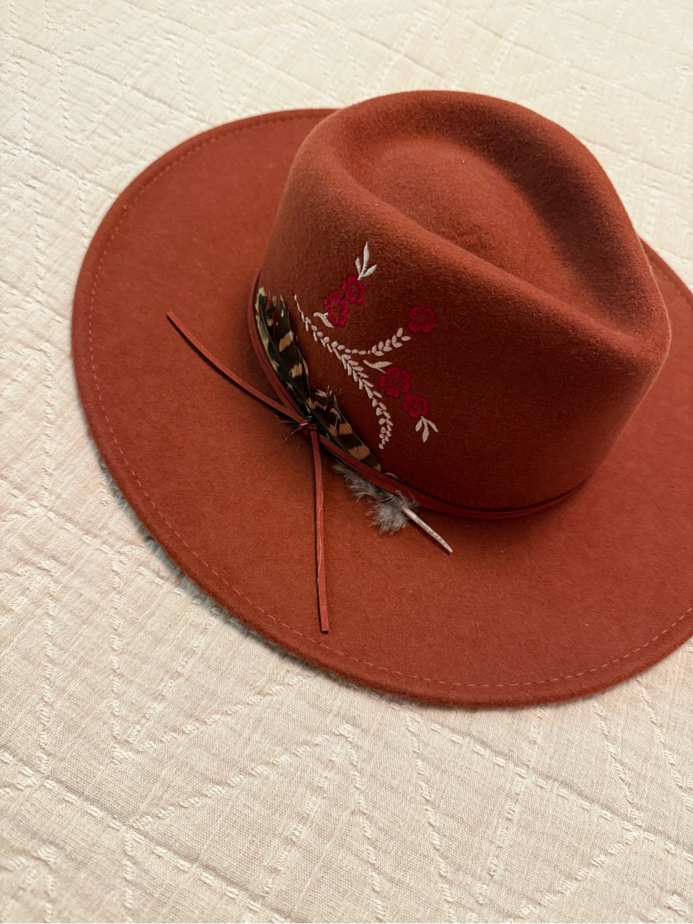 Johnny Was Embroidered Rust Felt Flat Brin Hat with Feather Accent